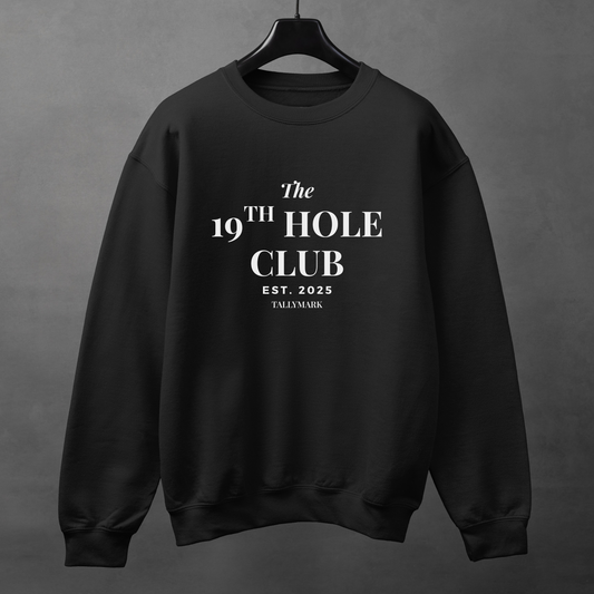 Black sweatshirt with "The 19th Hole Club" text against a dark background