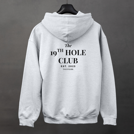 Gray hoodie with "The 19th Hole Club" text on the back against a dark background