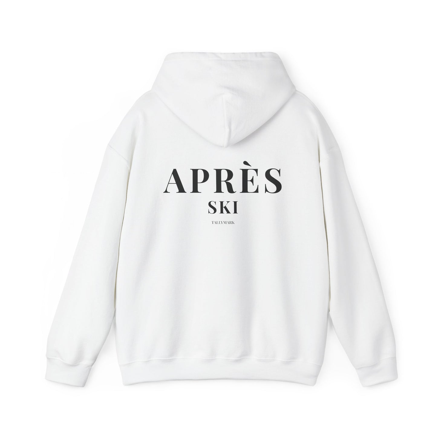 White hoodie with 'APRèS SKI' text on the back against a white background