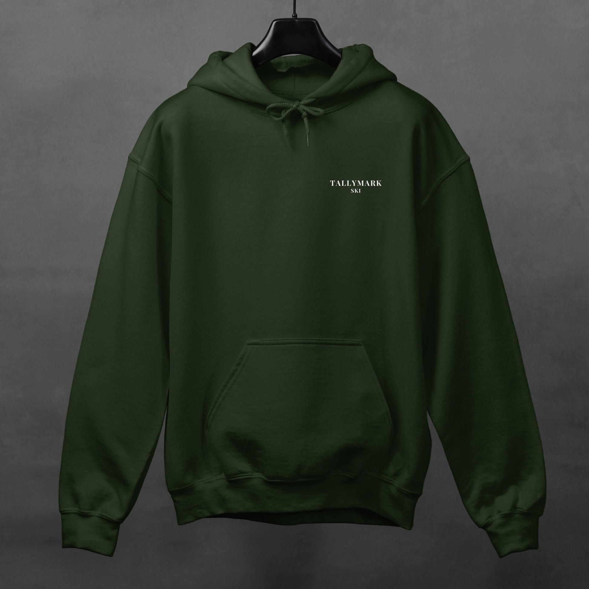 Green hoodie with 'TALLYMARK SKI' logo on a gray background