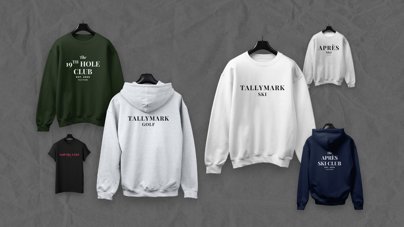 Collection of hoodies and sweatshirts with text on a gray background