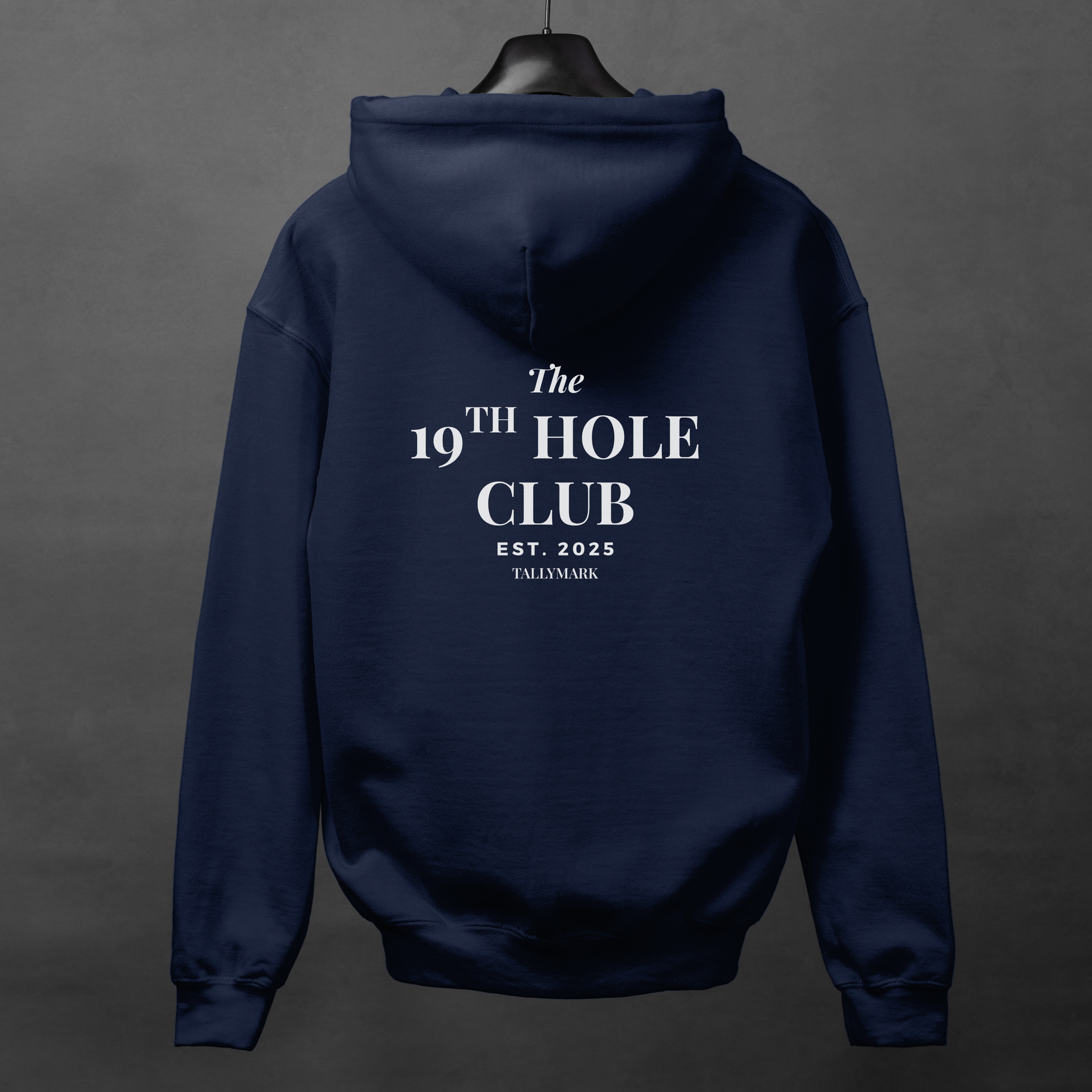 Navy blue hoodie with 'The 19th Hole Club' text on the back against a dark background