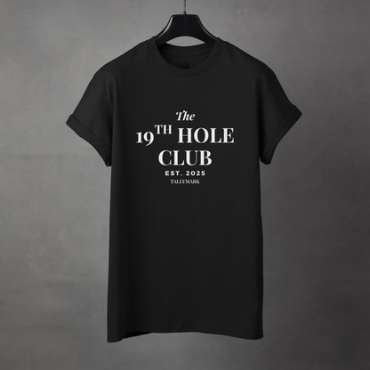 Black t-shirt with "The 19th Hole Club" text against a dark background
