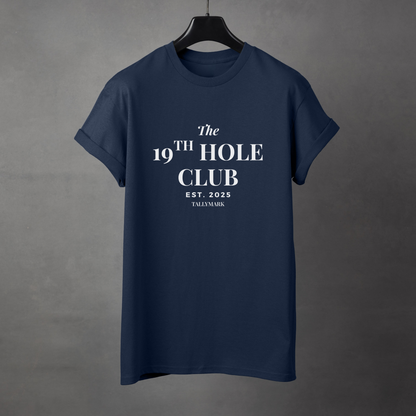 Navy blue t-shirt with "The 19th Hole Club" text against a dark background