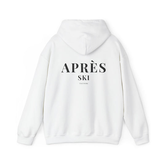 White hoodie with 'APRèS SKI' text on the back against a white background