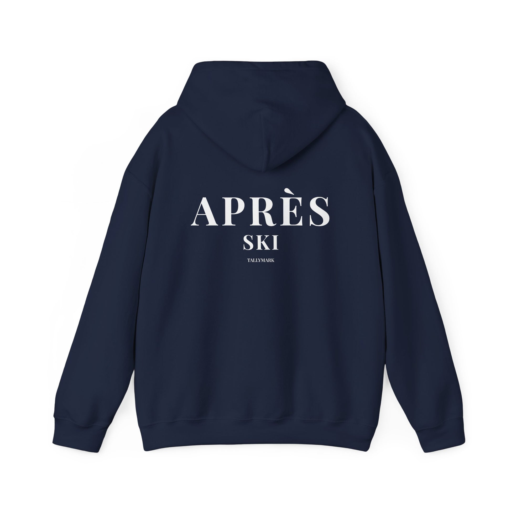 Navy blue hoodie with 'APRèS SKI' text on the back against a white background