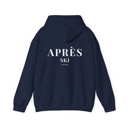 Navy blue hoodie with 'APRèS SKI' text on the back against a white background