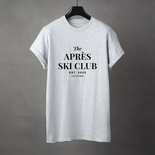 Gray t-shirt with 'The Après Ski Club' text on a gray background