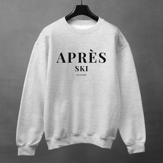 Gray sweatshirt with 'Après Ski' text against a dark background