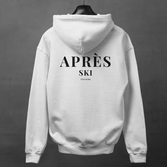 White hoodie with 'Après Ski' text on the back against a dark background