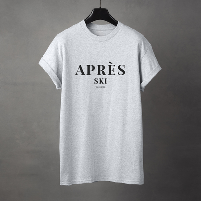 Gray t-shirt with 'Après Ski' text against a dark background
