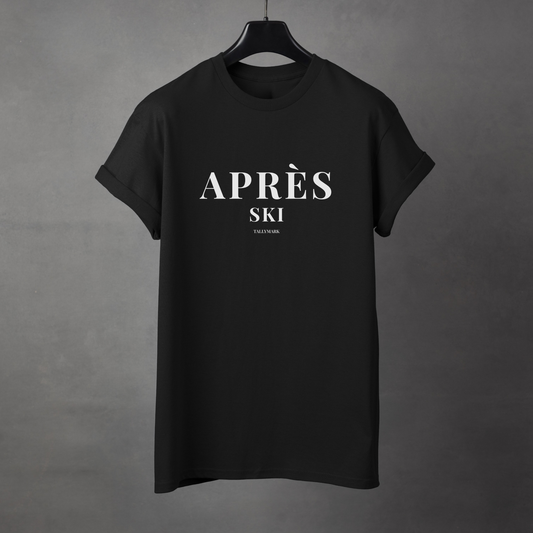 Black t-shirt with 'Après Ski' text against a dark background