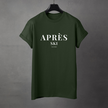 Green t-shirt with 'Après Ski' text against a dark background