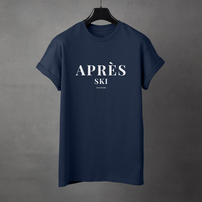 Navy blue t-shirt with 'Après Ski' text against a dark background