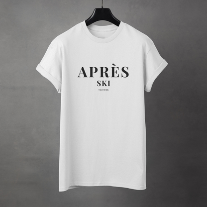 White t-shirt with 'Après Ski' text against a dark background