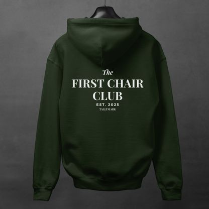Green hoodie with 'The First Chair Club' text on the back against a gray background