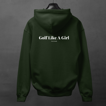 Green hoodie with "Golf Like A Girl" text on the back against a dark background