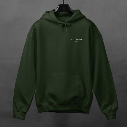 Green hoodie with 'TALLYMARK GOLF' logo on a gray background