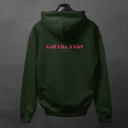 Green hoodie with pink "Golf Like A Girl" text on the back against a dark background