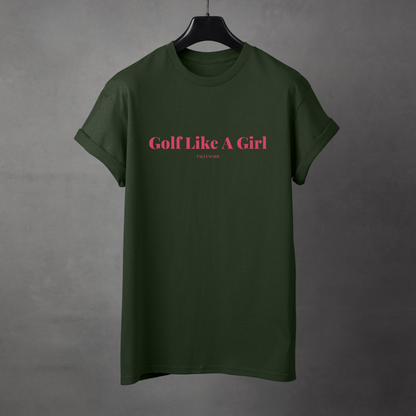 Green t-shirt with pink 'Golf Like A Girl' text against a dark background