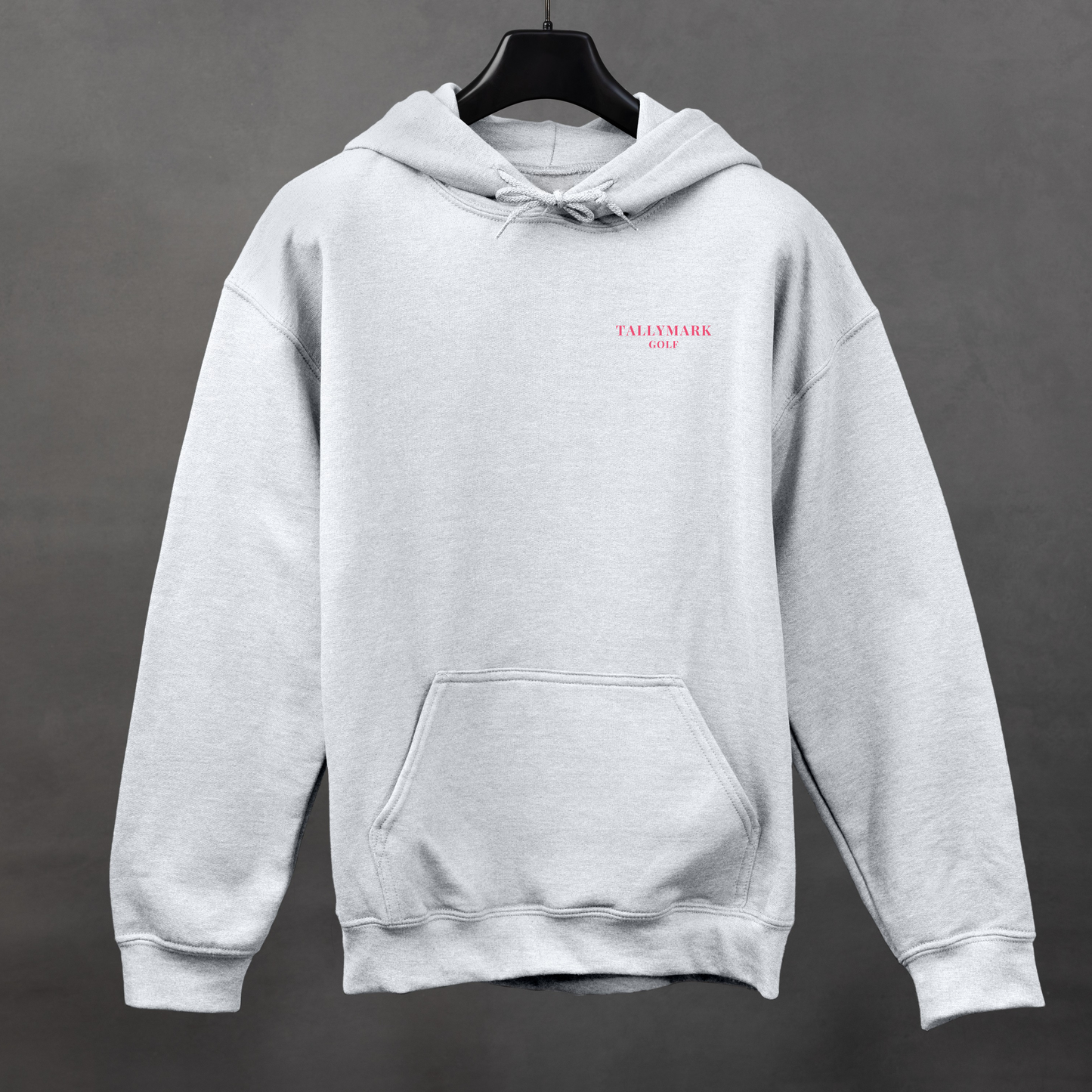 Gray hoodie with pink 'TALLYMARK GOLF' logo on a gray background
