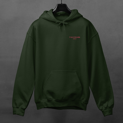 Green hoodie with pink 'TALLYMARK GOLF' logo on a gray background