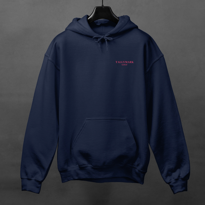Navy blue hoodie with pink 'TALLYMARK GOLF' logo on a gray background