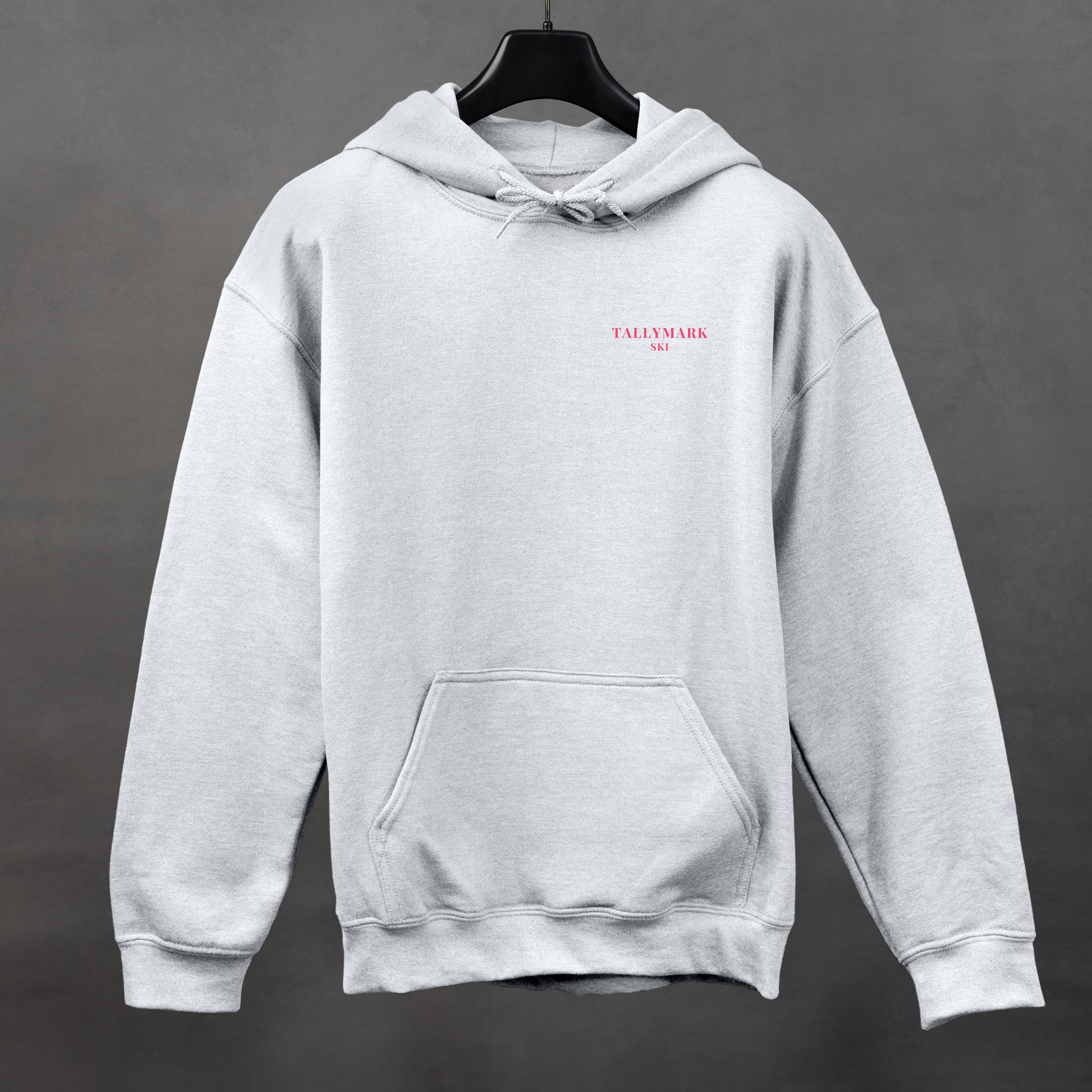 Gray hoodie with pink 'TALLYMARK SKI' logo on a gray background