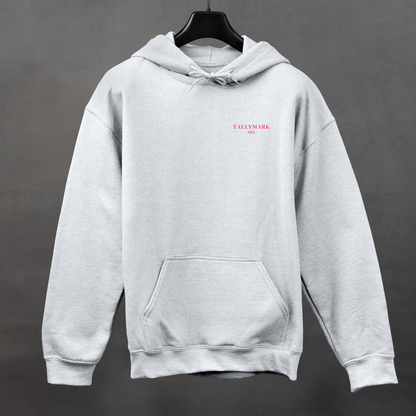 Gray hoodie with pink 'TALLYMARK SKI' logo on a gray background