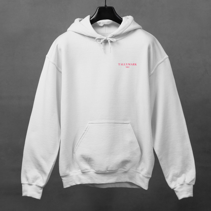 White hoodie with pink 'TALLYMARK SKI' logo on a gray background