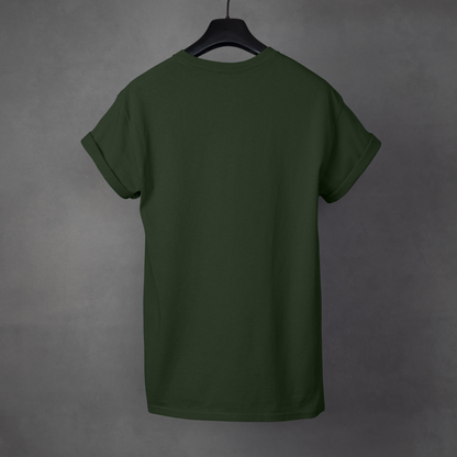 Green t-shirt on a hanger against a gray background