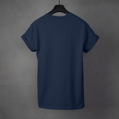 Navy blue t-shirt on a hanger against a gray background