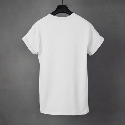 White t-shirt on a hanger against a gray background