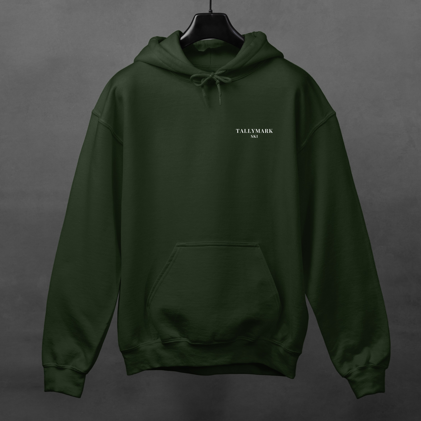 Green hoodie with 'TALLYMARK SKI' logo on a gray background