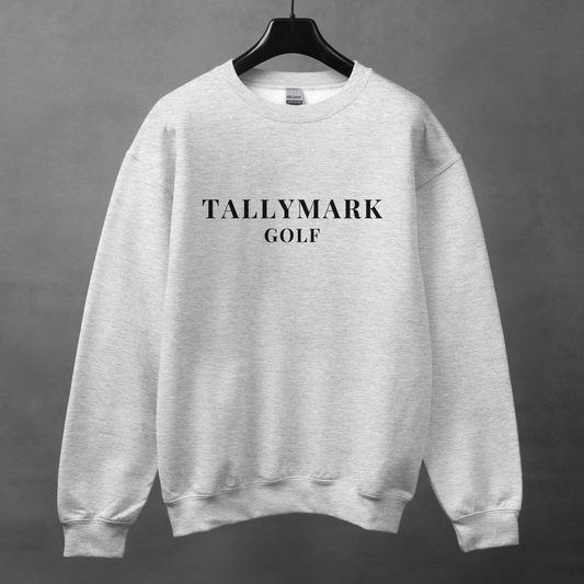 Gray sweatshirt with 'TALLYMARK GOLF' text on a gray background