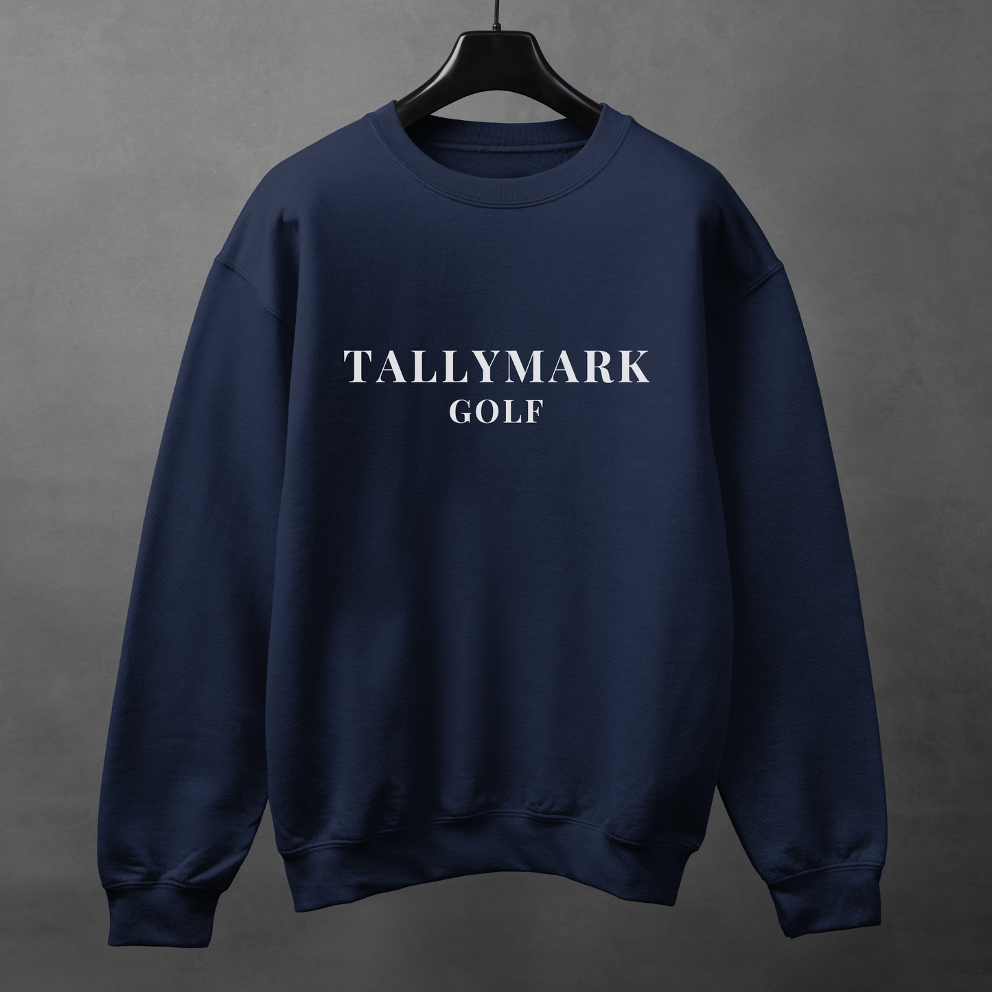 Navy sweatshirt with 'TALLYMARK GOLF' text against a dark background