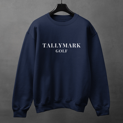 Navy sweatshirt with 'TALLYMARK GOLF' text against a dark background