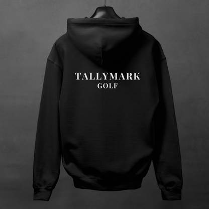Black hoodie with 'TALLYMARK GOLF' text on the back against a gray background