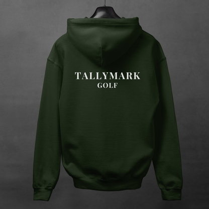 Green hoodie with 'TALLYMARK GOLF' text on the back against a gray background