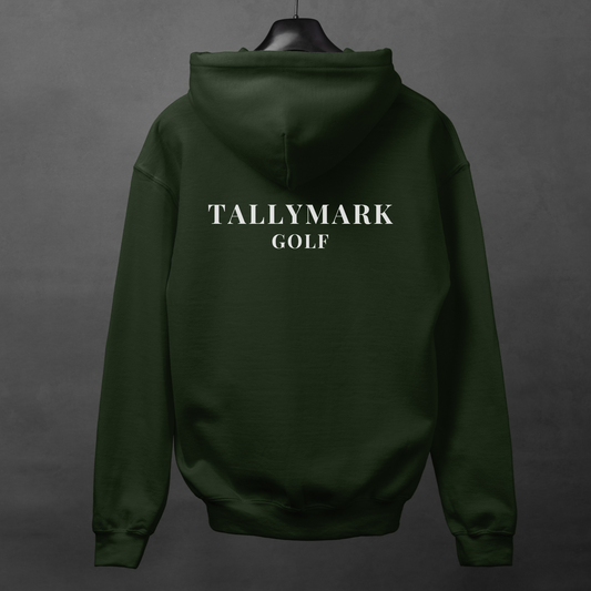 Green hoodie with 'TALLYMARK GOLF' text on the back against a gray background