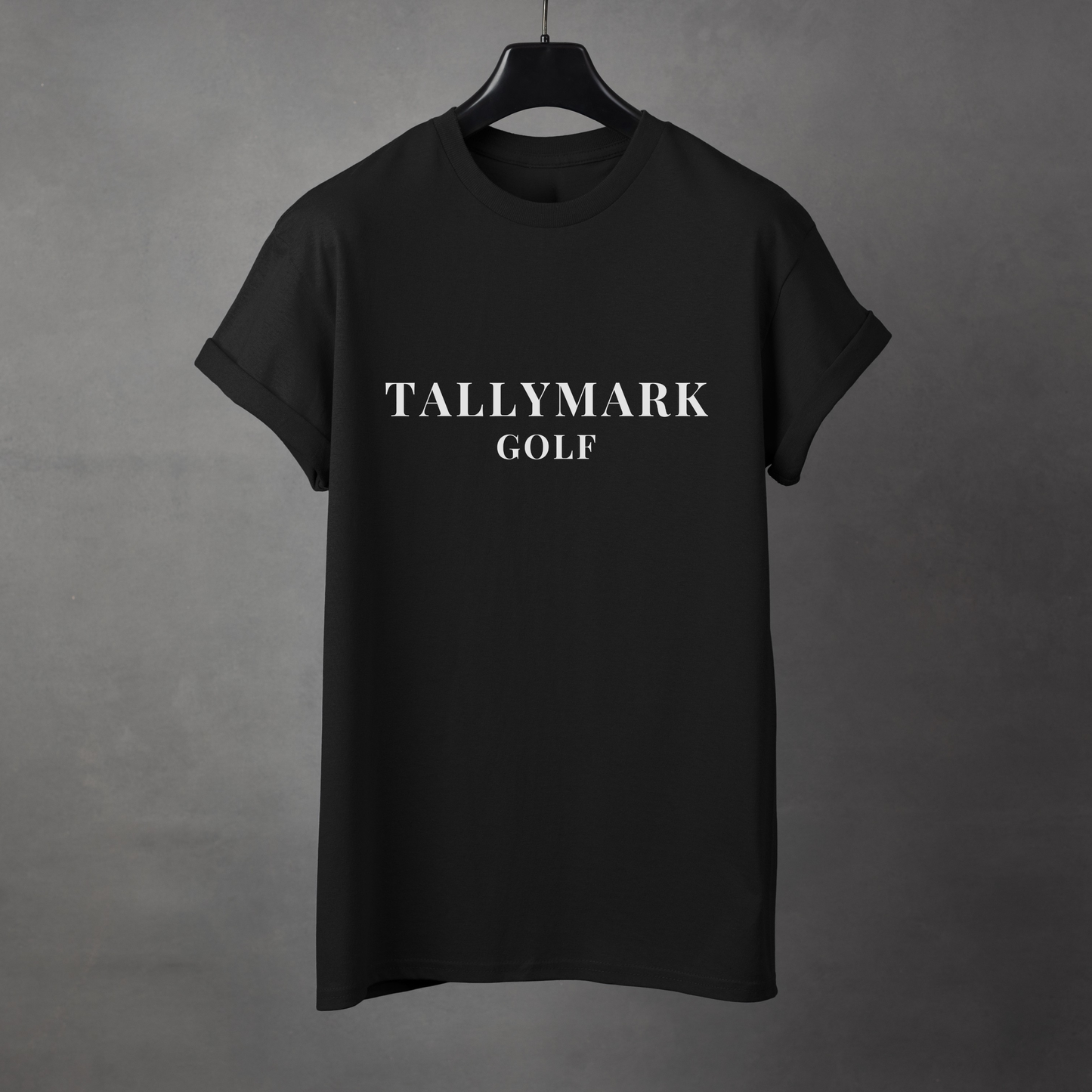 Black t-shirt with 'TALLYMARK GOLF' text on a gray background