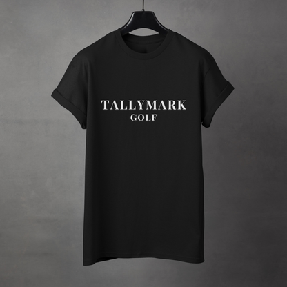 Black t-shirt with 'TALLYMARK GOLF' text on a gray background