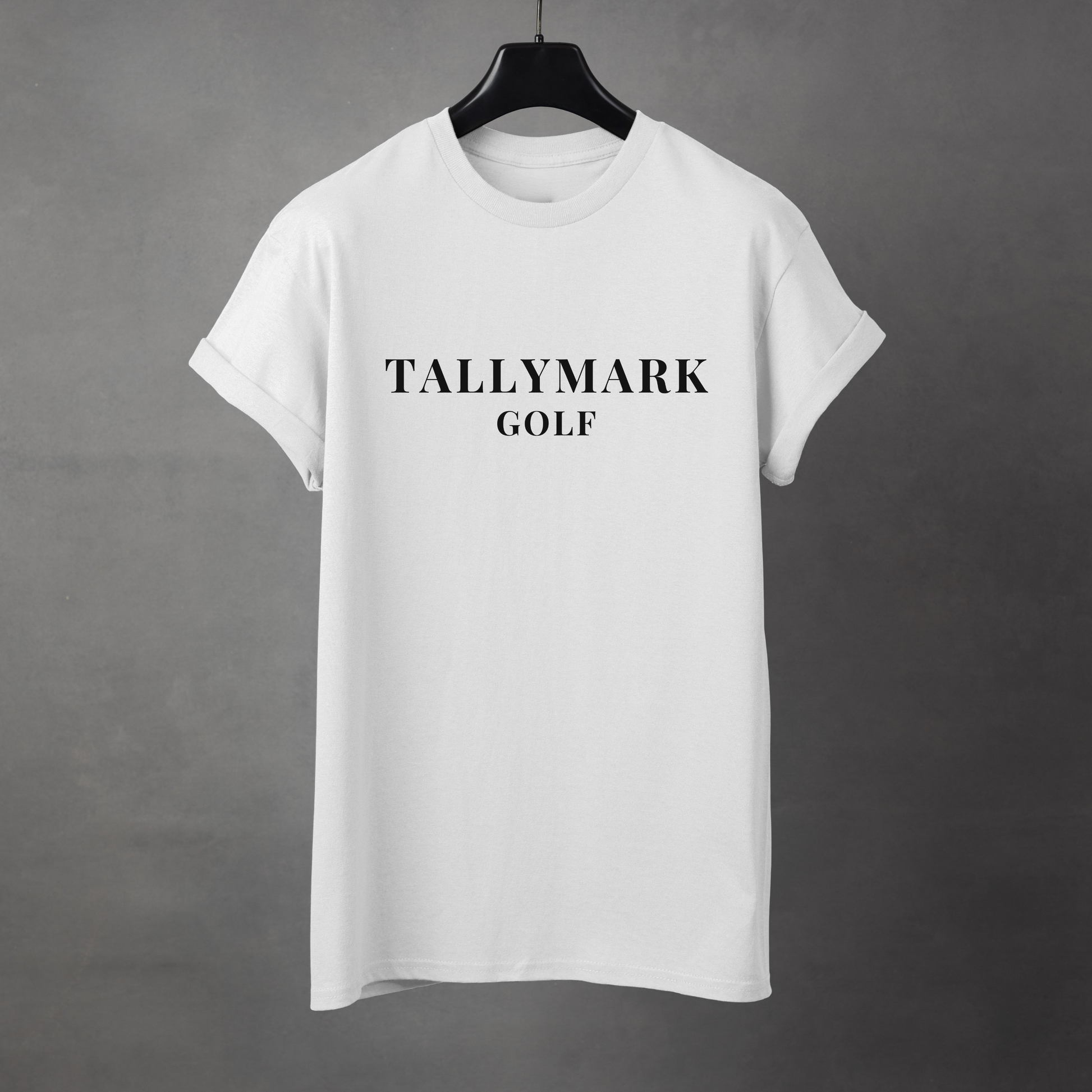 White t-shirt with 'TALLYMARK GOLF' text against a dark background