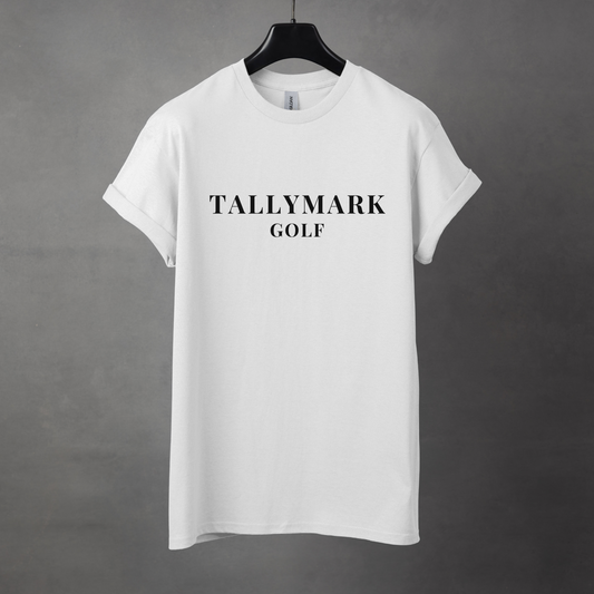 White t-shirt with 'TALLYMARK GOLF' text on a gray background