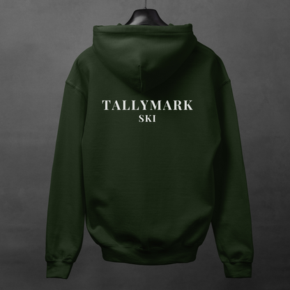 Green hoodie with 'TALLYMARK SKI' text on the back against a gray background