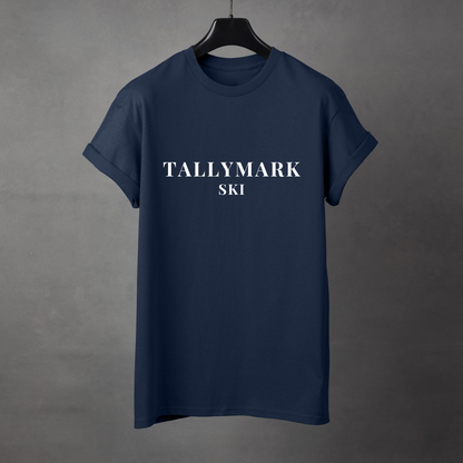Navy t-shirt with 'TALLYMARK SKI' text on a gray background